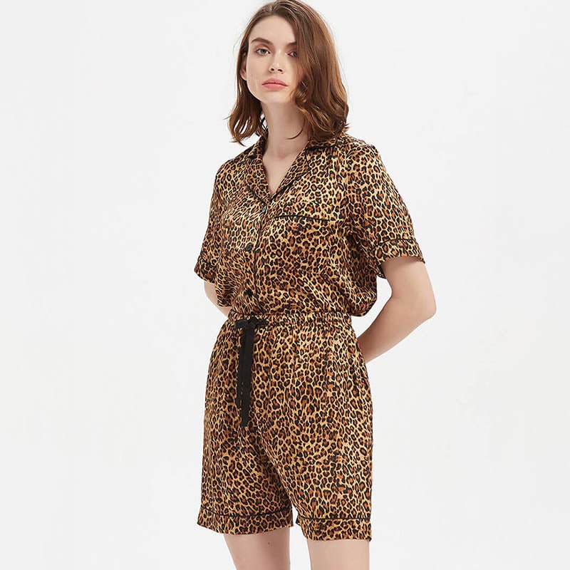 Two - piece Leopard Printed Silk Pajama Shorts Set