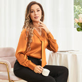 V Neck & Ribbon Silk Blouse For Women Long Sleeves Silk Shirt