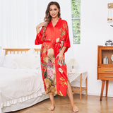 Women Luxury Long 100% Mulberry Vintage Floral Print Silk Kimono Robe