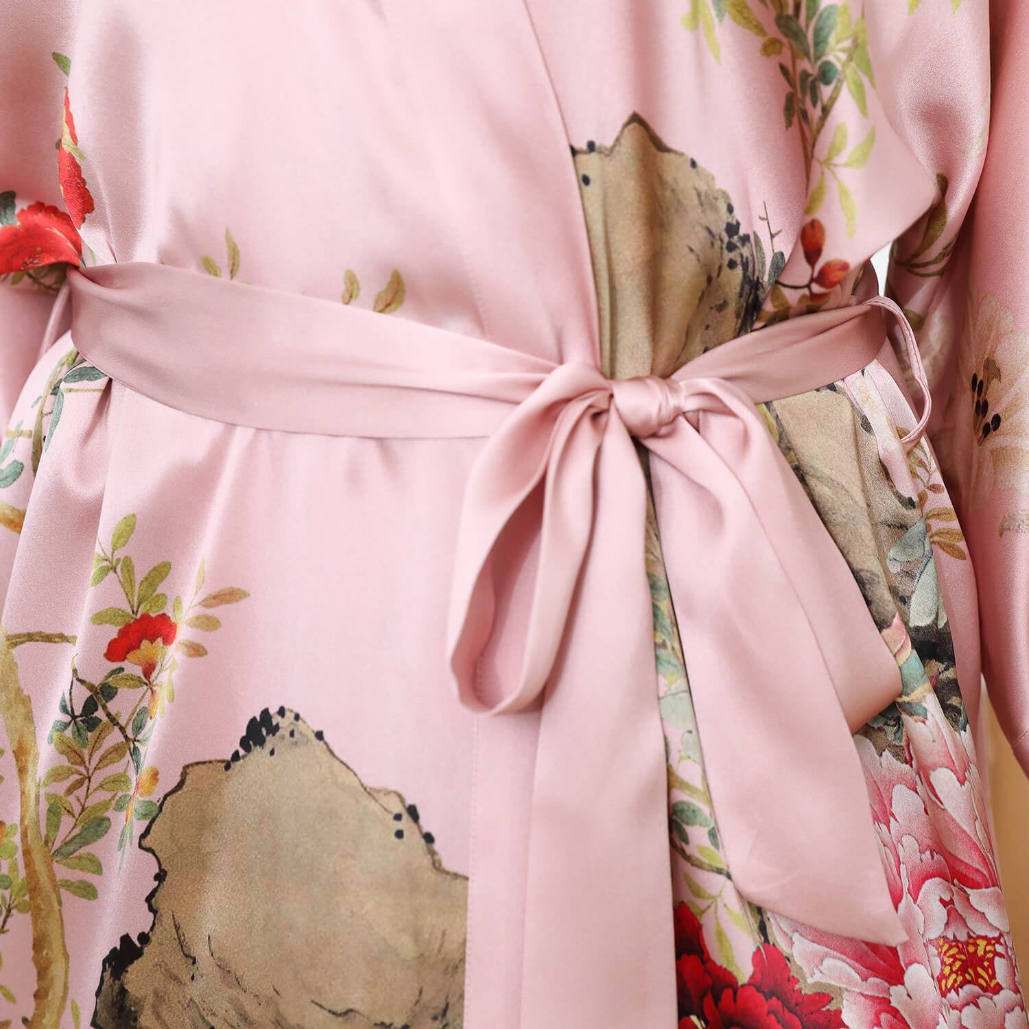 Women Luxury Long 100% Mulberry Vintage Floral Print Silk Kimono Robe