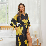 Women 100% Silk Robe Ginkgo Leaf Print Silk Kimono Robes