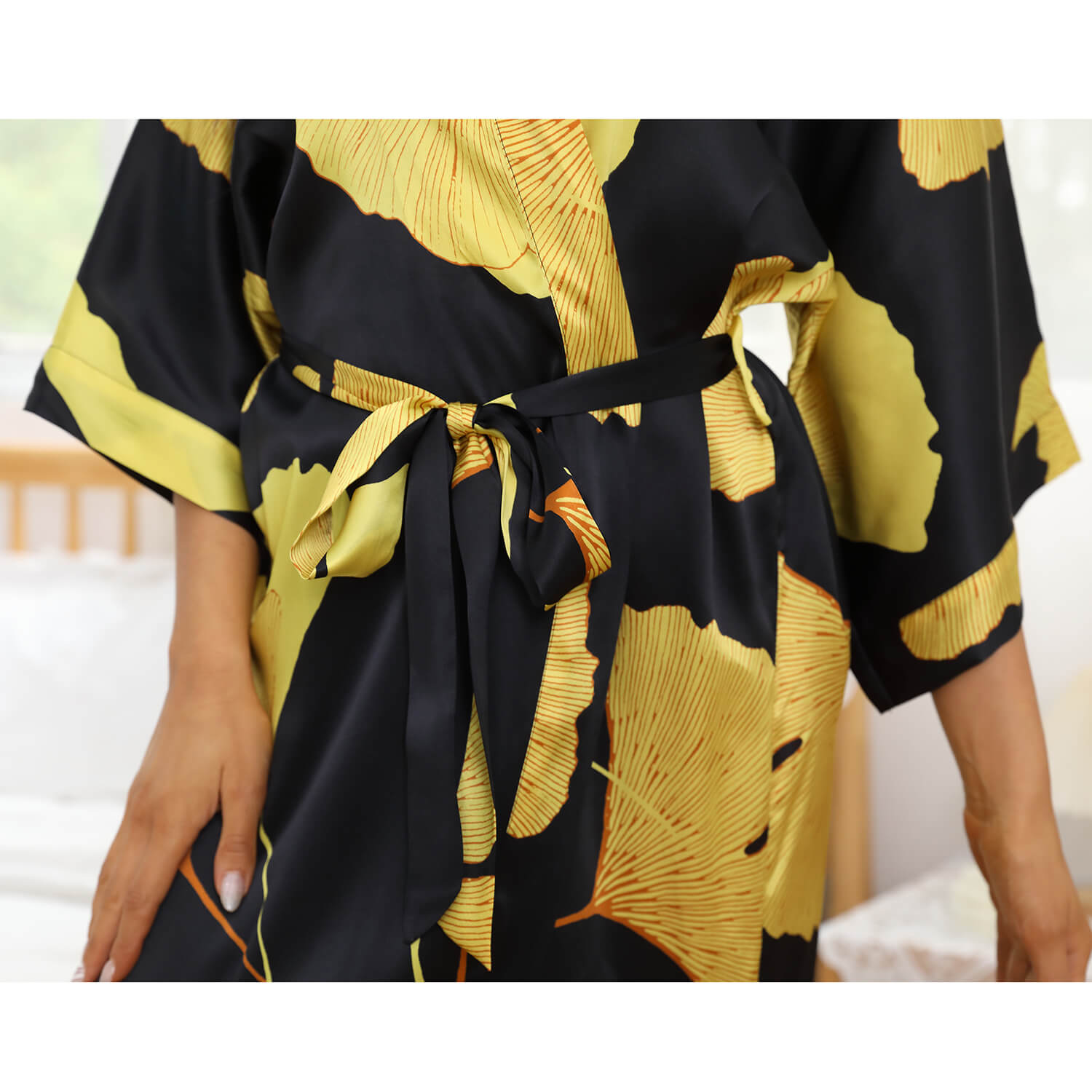 Women 100% Silk Robe Ginkgo Leaf Print Silk Kimono Robes