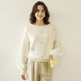 Women Scalloped Neck Cashmere Sweater Floral Embroidery Tops