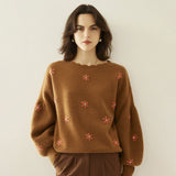 Women Scalloped Neck Cashmere Sweater Floral Embroidery Tops