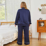 Women Plus Size Silk Pajamas 100% Silk Two Piece Pjs Navy Blue 1X