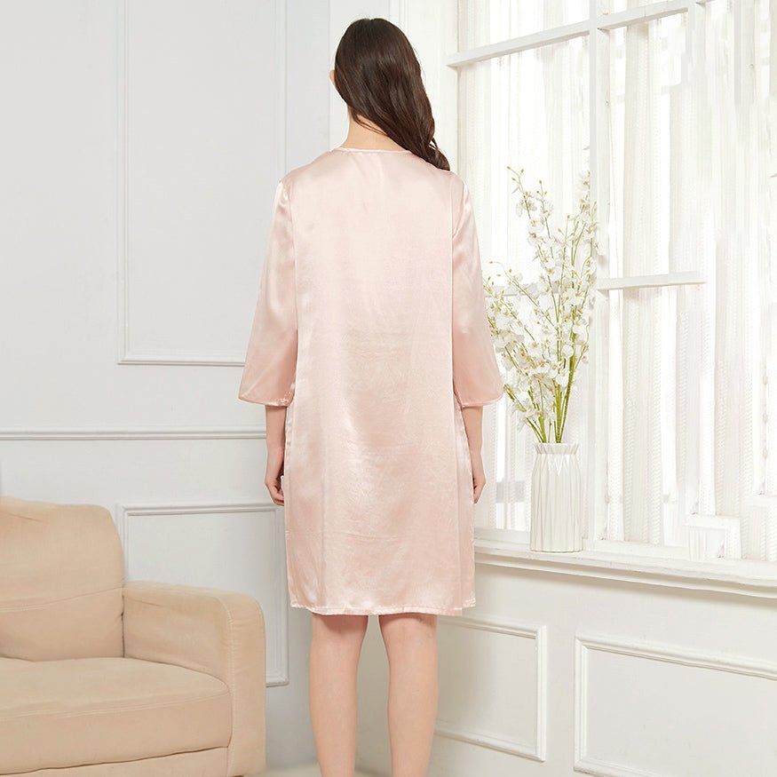 Womens Bow Tie Neck Silk Nightgown 3/4 Sleeves Silk Nighties Rosy Pink XS