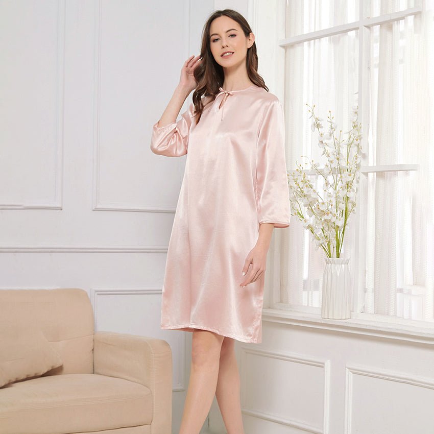 Womens Bow Tie Neck Silk Nightgown 3/4 Sleeves Silk Nighties Rosy Pink XS
