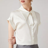Women Silk Shirts Short Sleeve Work Pure Silk Tops White XS