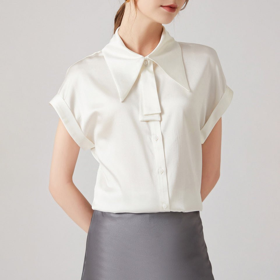 Women Silk Shirts Short Sleeve Work Pure Silk Tops White XS