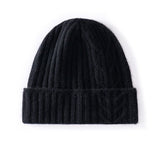 Womens 100% Cashmere Beanie Cable Knit Cashmere Hat Ribbed Fold Brim