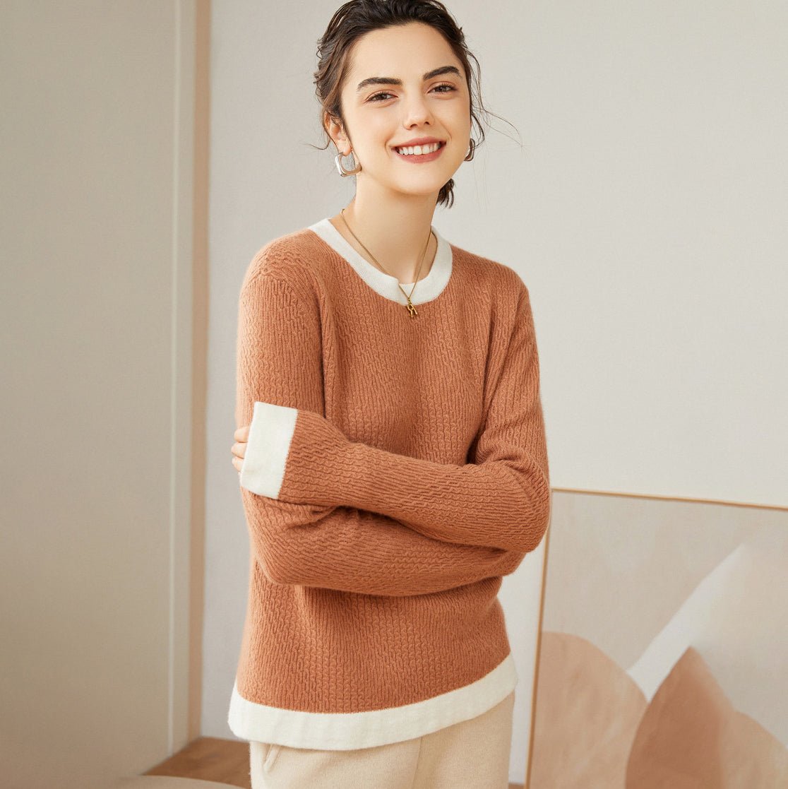Women's 100% Cashmere Colorblock Knitted Jacquard Crewneck Sweater Camel XS