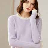 Women's 100% Cashmere Colorblock Knitted Jacquard Crewneck Sweater Lavender XS