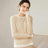 Women's 100% Cashmere Colorblock Knitted Jacquard Crewneck Sweater Beige XS