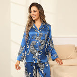 Womens 100% Silk Pajama Set Bold Tiger Print Sleepwear Silk Set Navy Blue XS