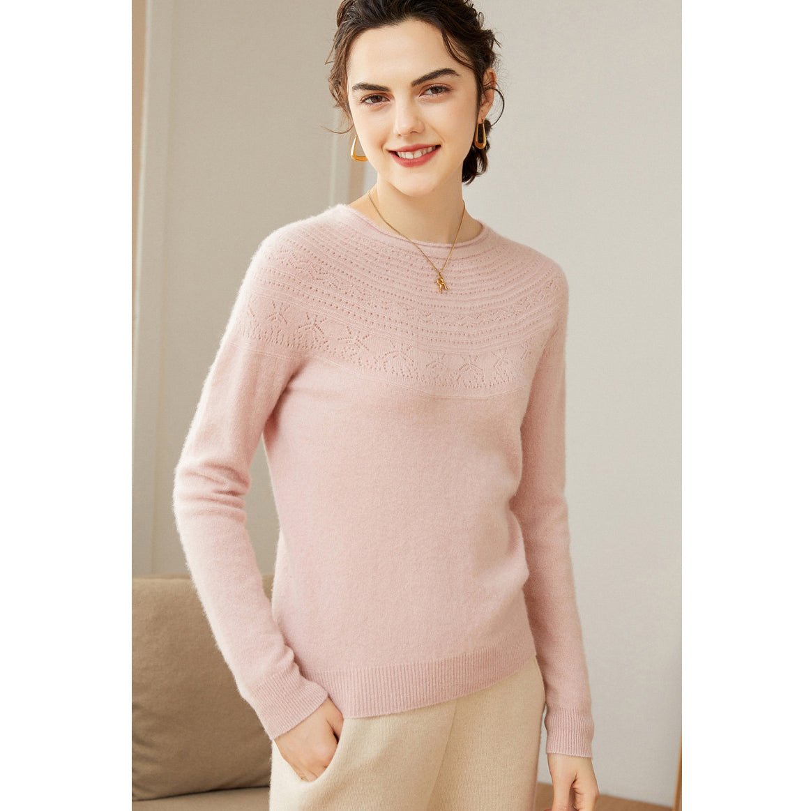 Womens Cashmere Pointelle Yoke Sweater Hollow - out Crewneck Sweater