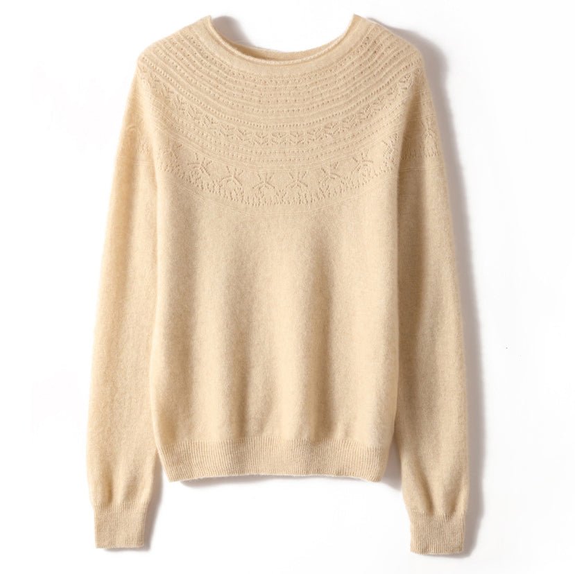 Womens Cashmere Pointelle Yoke Sweater Hollow - out Crewneck Sweater