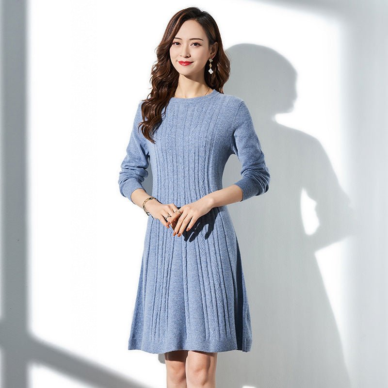 Womens Pure Cashmere Cable Knit A - Line Long Sleeve Crew Neck Dress