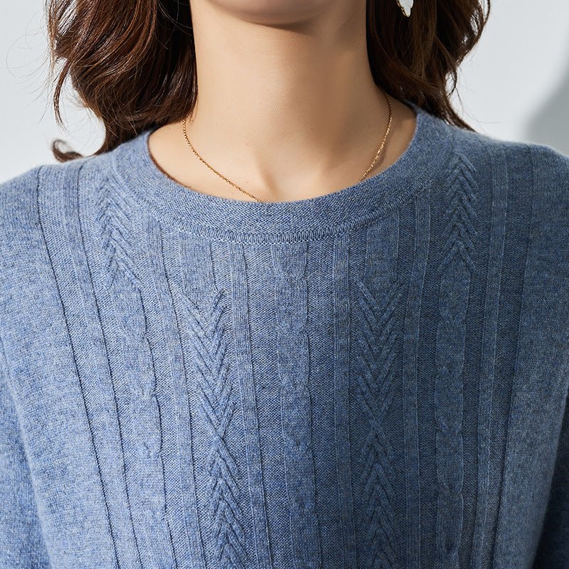 Womens Pure Cashmere Cable Knit A - Line Long Sleeve Crew Neck Dress