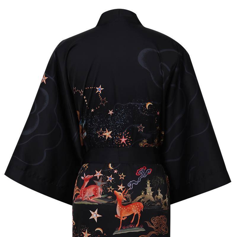 Women's Deer Prints Silk Kimono Robes Stars Silk Bathrobe