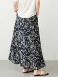 Womens Black Silk Maxi Skirt Floral Print Long Silk Dress Black XS