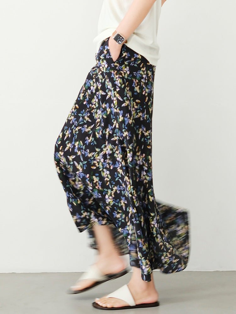 Womens Black Silk Maxi Skirt Floral Print Long Silk Dress Black XS