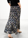 Womens Black Silk Maxi Skirt Floral Print Long Silk Dress Black XS