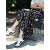 Womens Black Silk Maxi Skirt Floral Print Long Silk Dress Black XS