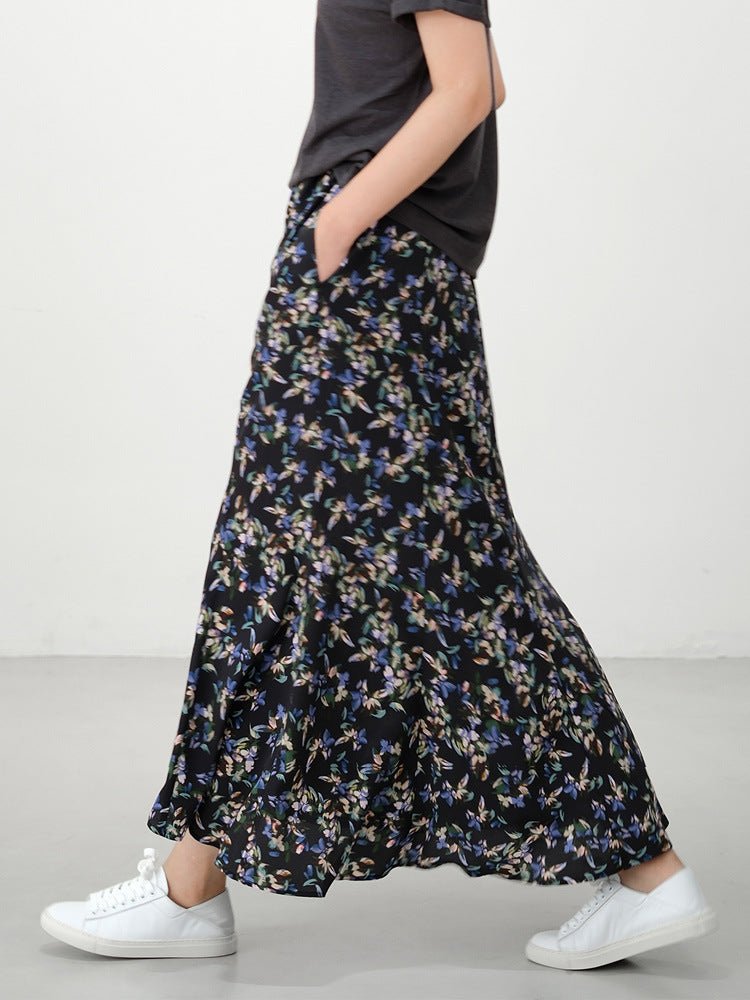 Womens Black Silk Maxi Skirt Floral Print Long Silk Dress Black XS