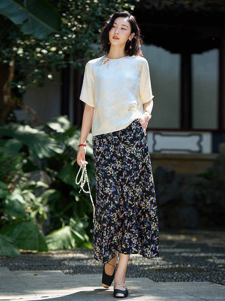 Womens Black Silk Maxi Skirt Floral Print Long Silk Dress Black XS