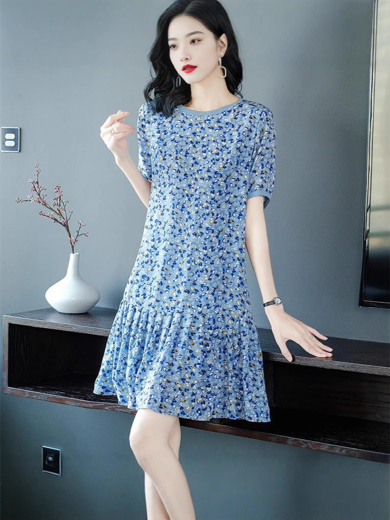 Womens Blue Floral Print Silk Mini Dress Ruffle Hem Short Silk Dress Blue XS