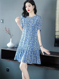 Womens Blue Floral Print Silk Mini Dress Ruffle Hem Short Silk Dress Blue XS