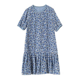 Womens Blue Floral Print Silk Mini Dress Ruffle Hem Short Silk Dress Blue XS