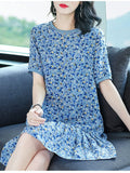 Womens Blue Floral Print Silk Mini Dress Ruffle Hem Short Silk Dress Blue XS