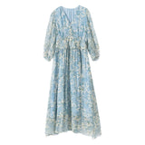 Womens Blue Floral Silk Midi Dress Button Front Long Silk Dress Blue XS