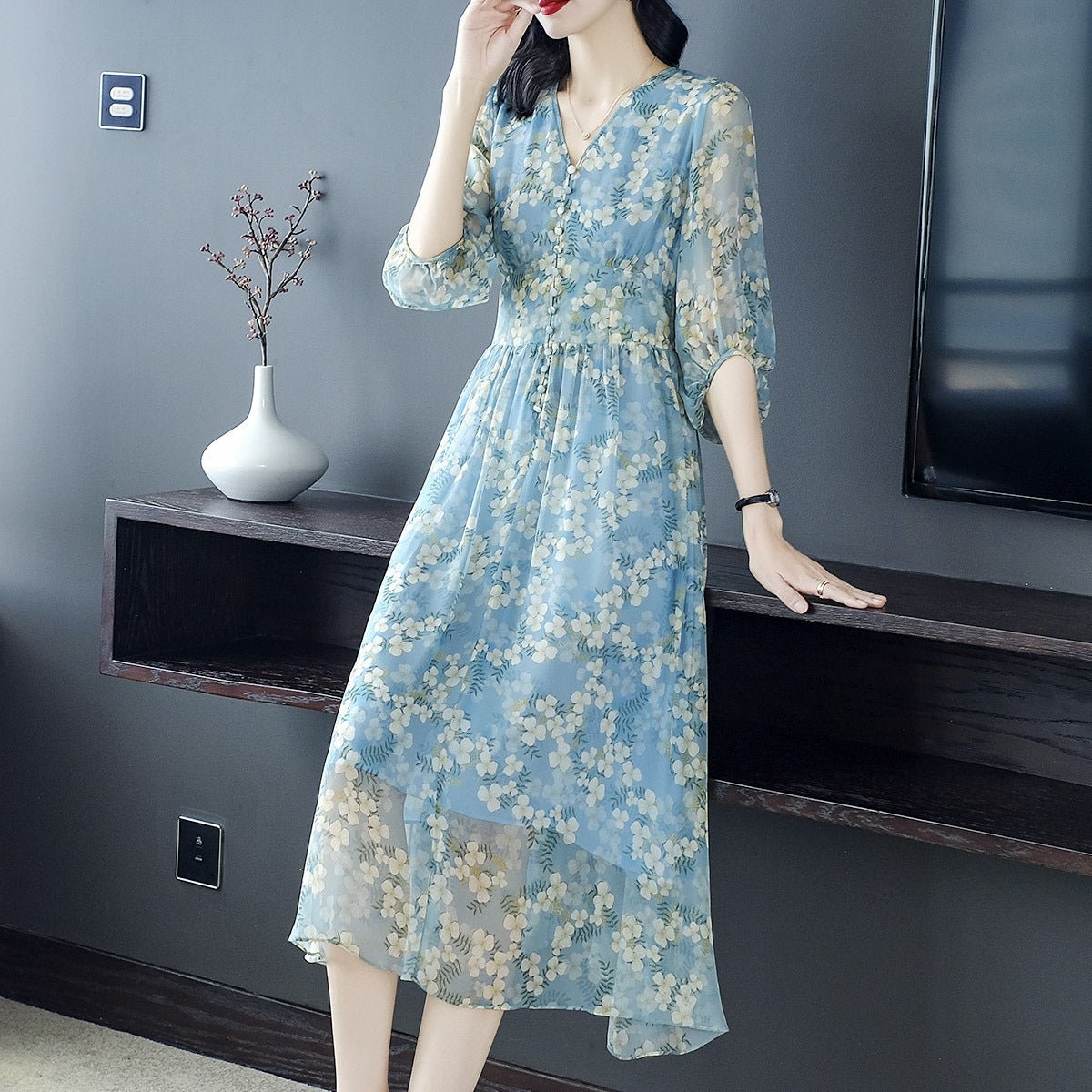 Womens Blue Floral Silk Midi Dress Button Front Long Silk Dress Blue XS