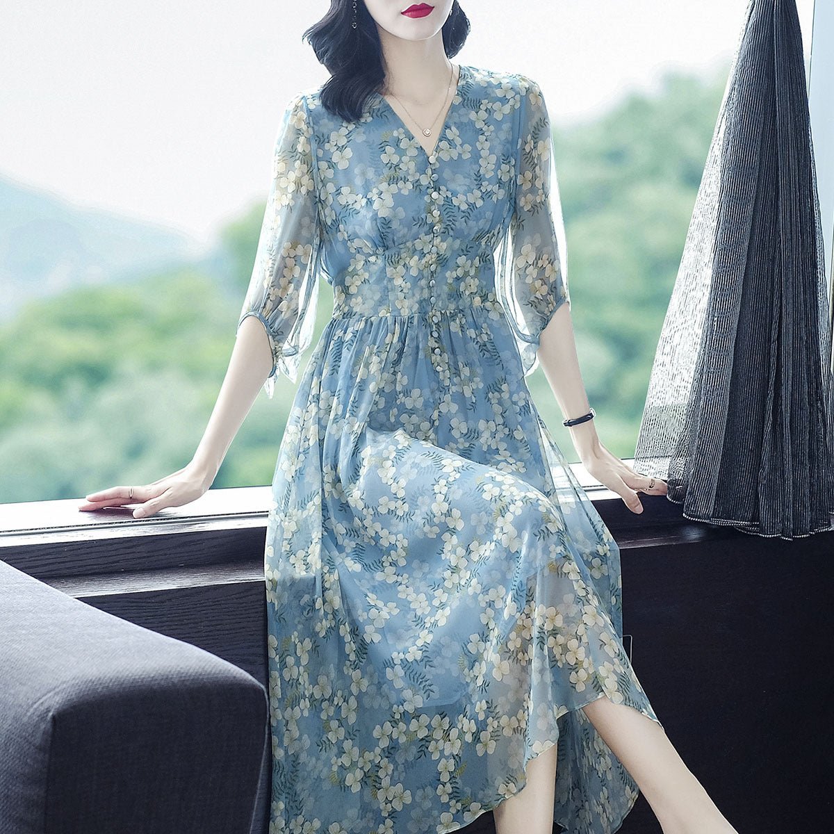 Womens Blue Floral Silk Midi Dress Button Front Long Silk Dress Blue XS