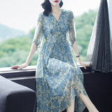 Womens Blue Floral Silk Midi Dress Button Front Long Silk Dress Blue XS