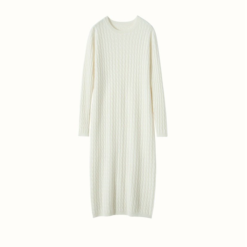 Womens Cable Knit Cashmere Dress Long Sleeve Cashmere Midi Dress Ivory XS