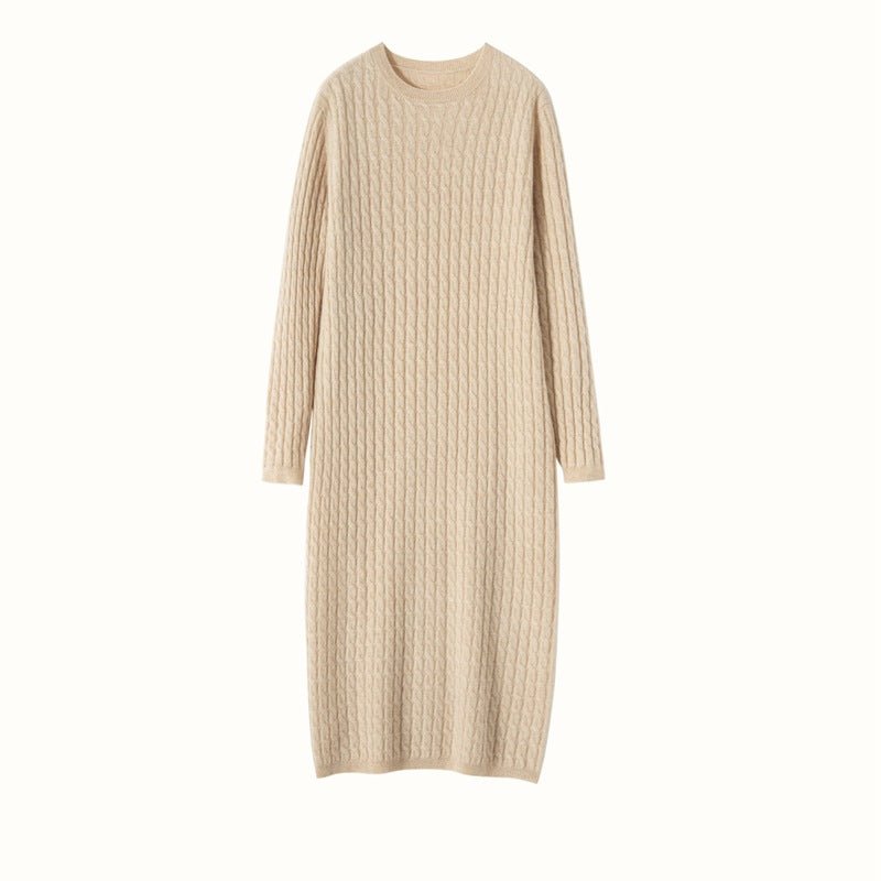Womens Cable Knit Cashmere Dress Long Sleeve Cashmere Midi Dress Beige XS