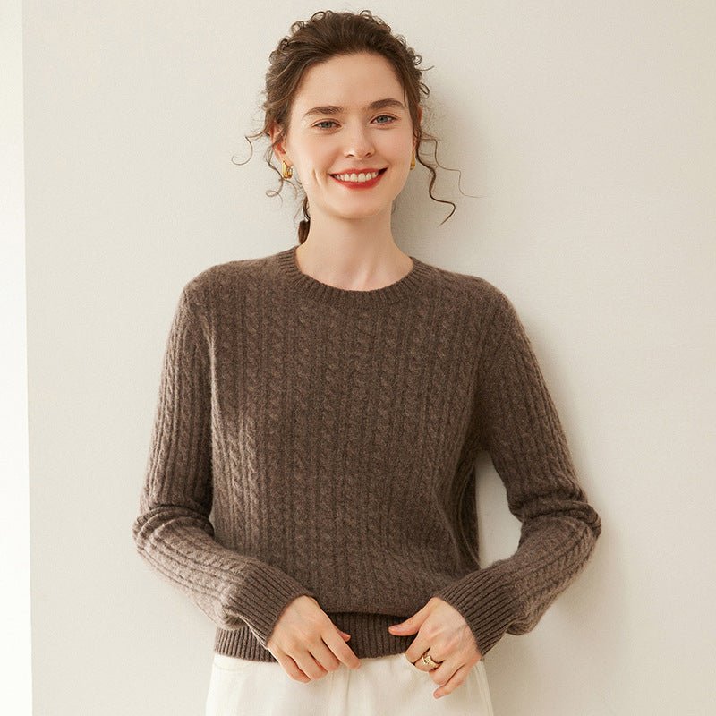 Womens Cable Knit Cashmere Sweater Crew Neck Cashmere Top Coffee XS