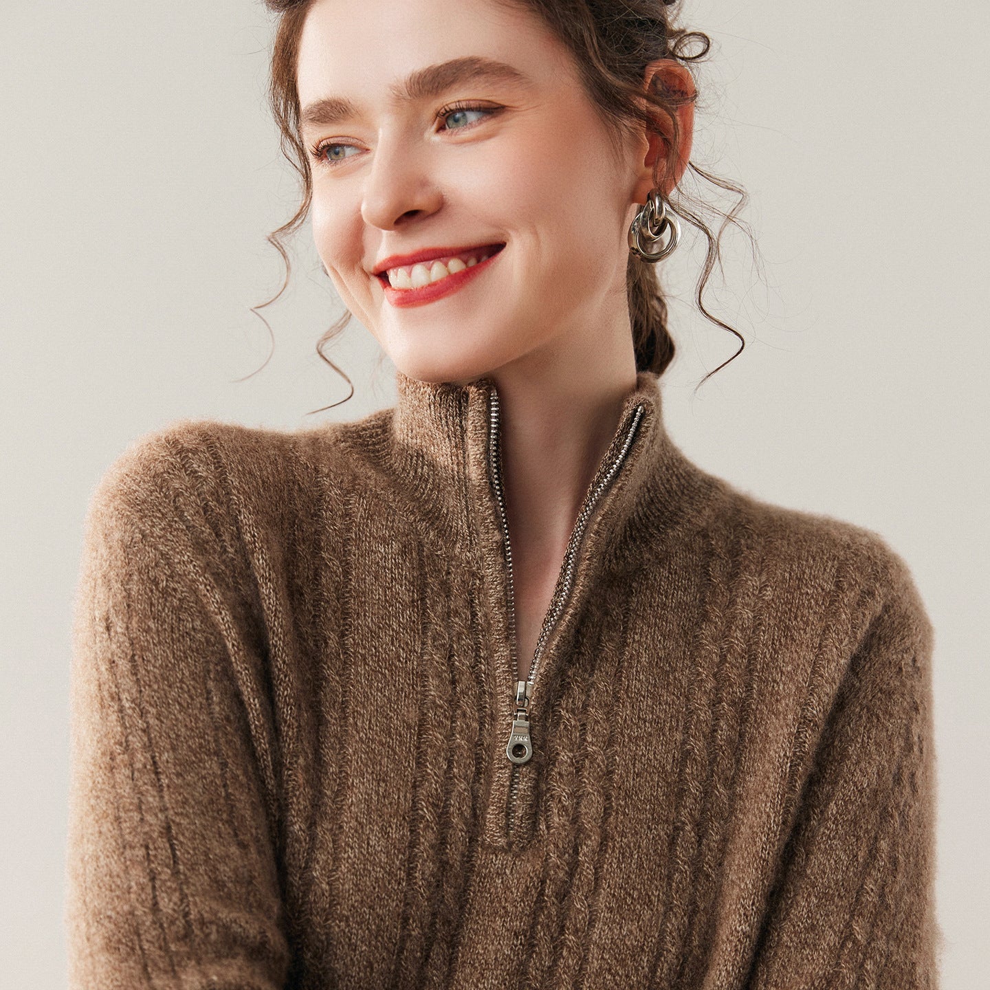 Womens Cable Knit Cashmere Sweater Half Zip Mock Neck Cashmere Blouse Camel XS
