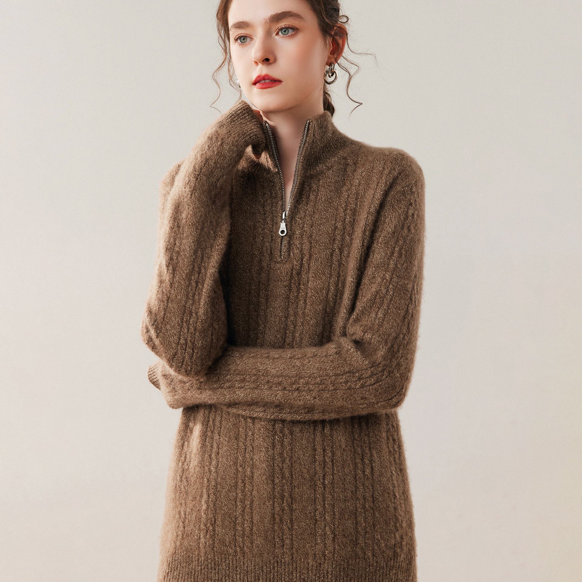 Womens Cable Knit Cashmere Sweater Half Zip Mock Neck Cashmere Blouse Gold Camel XS