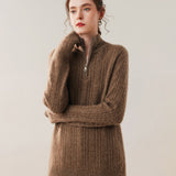 Womens Cable Knit Cashmere Sweater Half Zip Mock Neck Cashmere Blouse Gold Camel XS