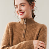 Womens Cable Knit Cashmere Sweater Half Zip Mock Neck Cashmere Blouse Gold Camel XS