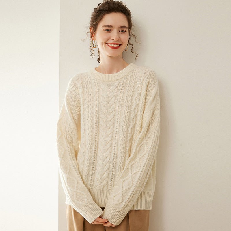 Womens Cable Knit Cashmere Sweater Round Neck Cashmere Pullover Ivory XS