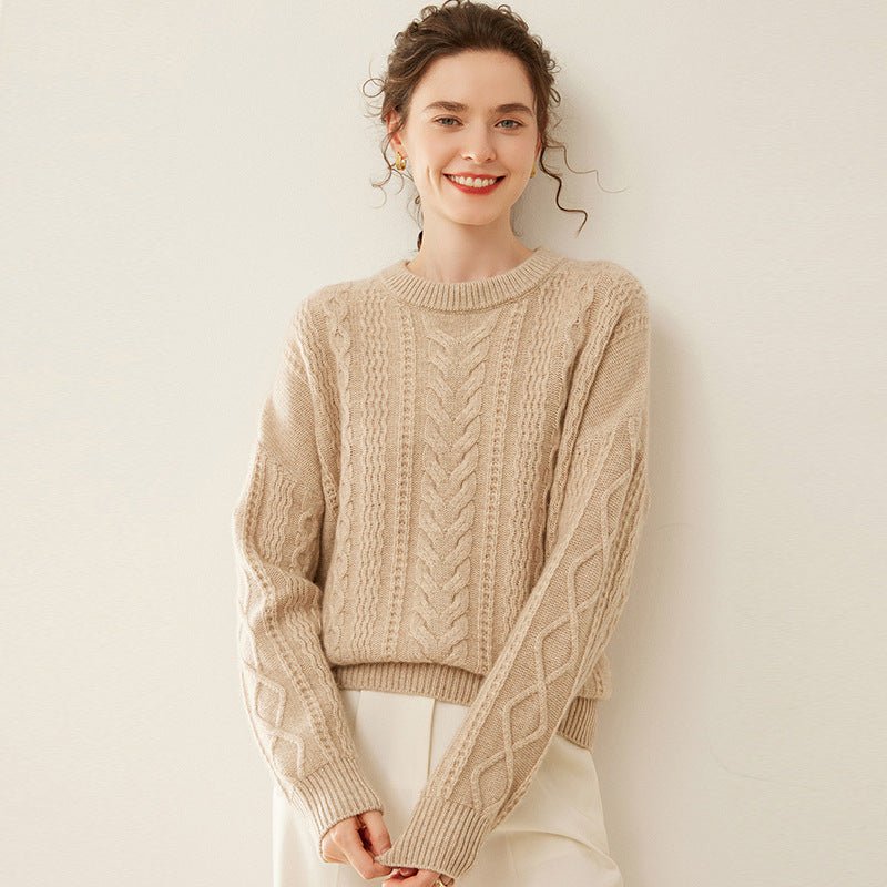 Womens Cable Knit Cashmere Sweater Round Neck Cashmere Pullover Beige XS