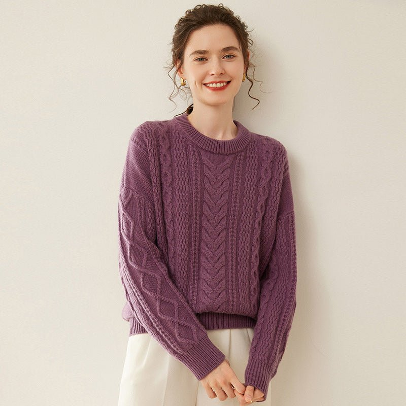 Womens Cable Knit Cashmere Sweater Round Neck Cashmere Pullover Purple XS