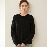Womens Cable Knit Cashmere Sweater Round Neck Cashmere Pullover Black XS