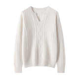 Womens Cable Knit Cashmere Sweater V Neck Ribbed Cashmere Pullover Jumper Ivory XS