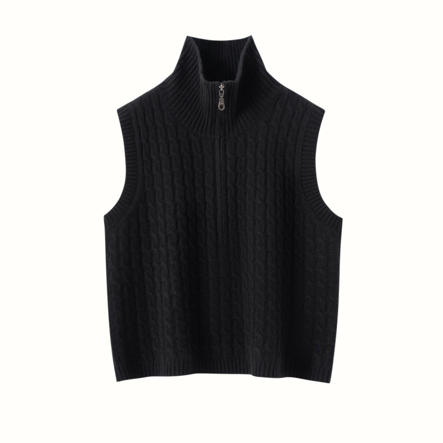 Womens Cable Knit Cashmere Vest Zip Mock Neck Cashmere Sweater Vest Black XS